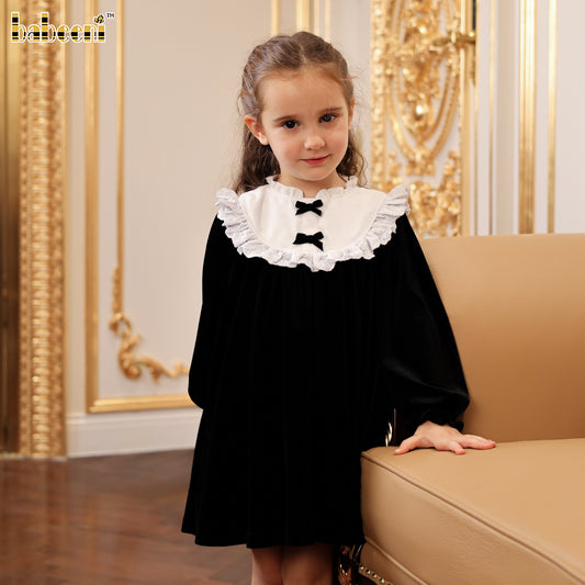 Flared Velvet Dress with Ruffled Collar and Velvet Ribbon Accents - VAG019