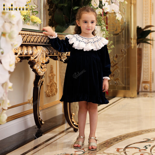 Flared Velvet Dress with Hand Smocking, Lace Accents, and Ruffled Hem - VAG020