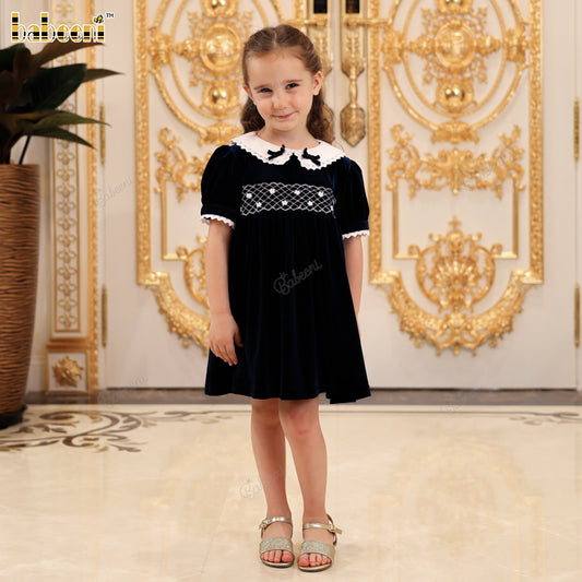 Velvet Dress with Geometric Smocking and Bow Detail - VAG021