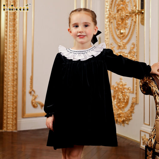 Black Velvet Dress with Ruffled Collar and Zigzag Hand Smocking - VAG022