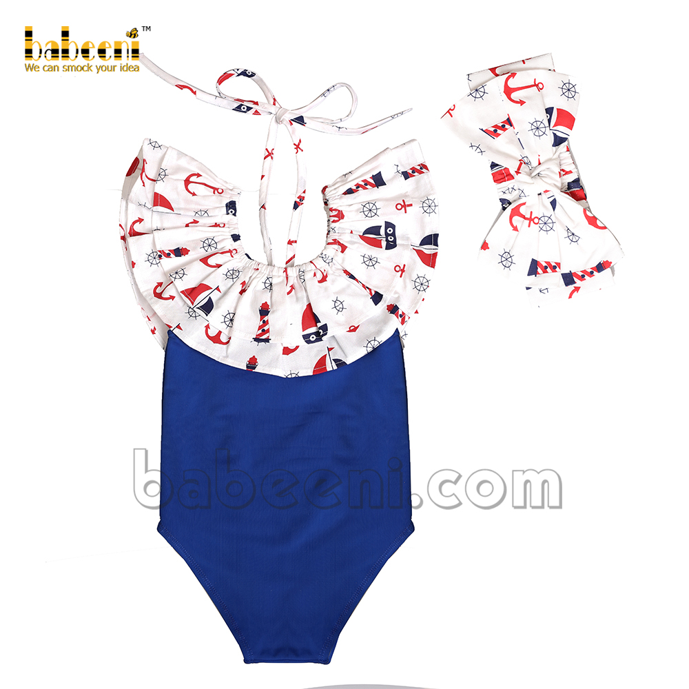 Lovely anchor plain blue swimwear for little girls -SW 526  