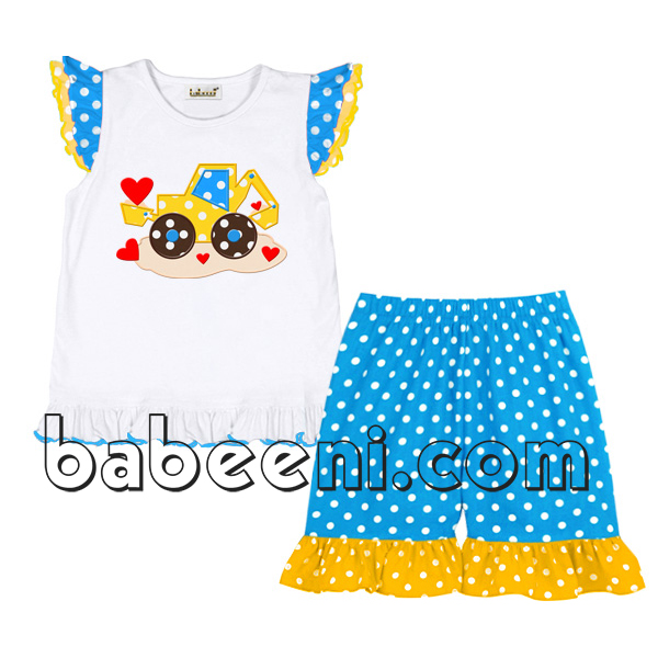 Truck with red hearts applique girls short sets - DR 1572