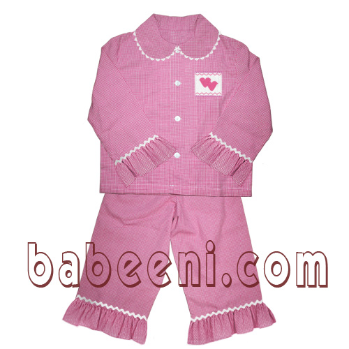 Girls pajamas with cute hearts smocked pattern - PJ 022