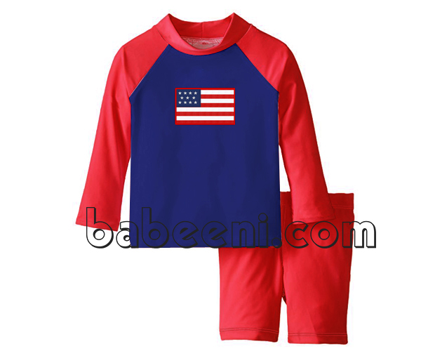 American flag appliqued boy swimsuit set - SW 389