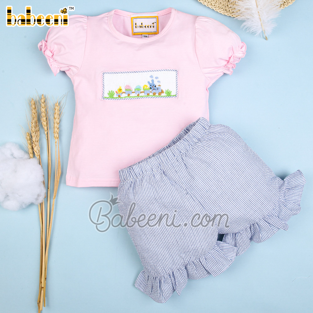 Girl set with smocked colorful Easter train - DR 3134