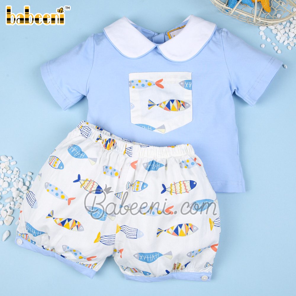 Colorful fish boy short set baby blue top print shorts - BC 917