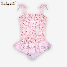 Pink shirred smocked one piece swimwear for little girls - SW 588