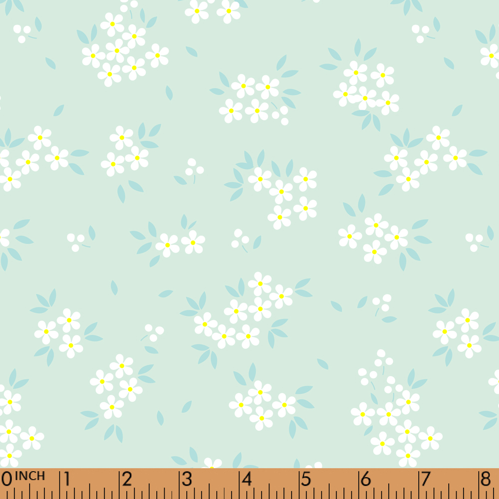 F100- baby white floral in pale aquamarine woven printing 4.0