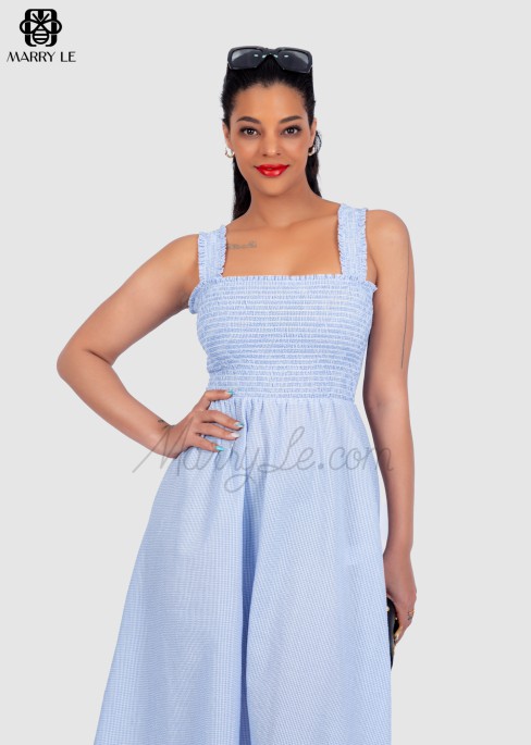 SUMMER MIDI DRESS SQUARE NECK STRETCHY SHIRRED STRAP FOR WOMEN - MD24