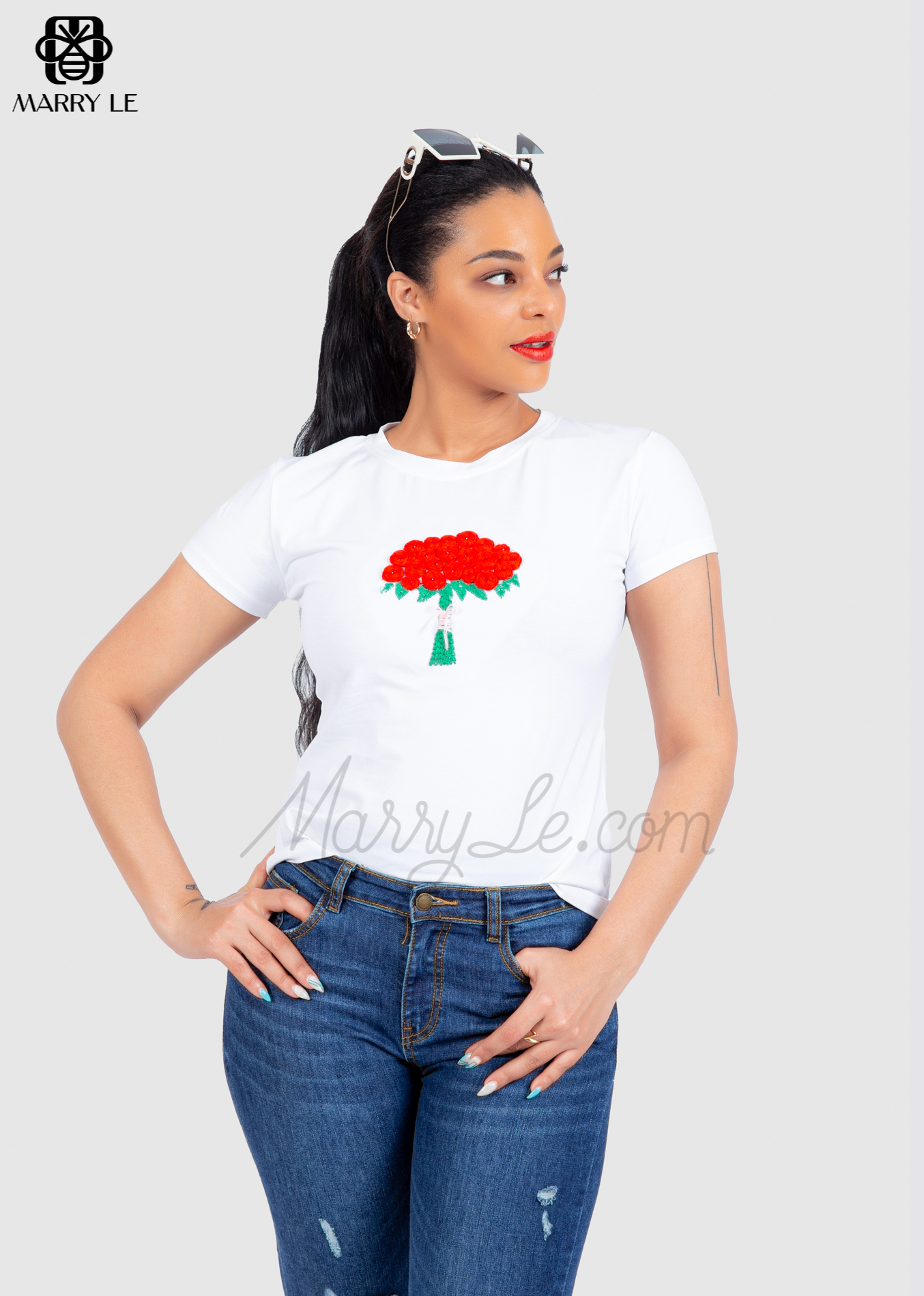 ROSE HAND-EMBROIDERED WHITE T-SHIRT FOR WOMEN - MD194