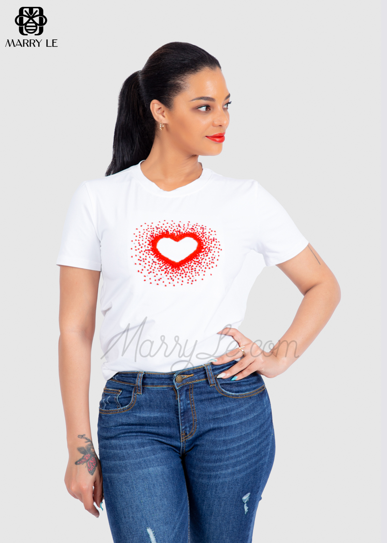 ROMANTIC WHITE WOMEN HEART BEAD EMBROIDERED T-SHIRT - MD195