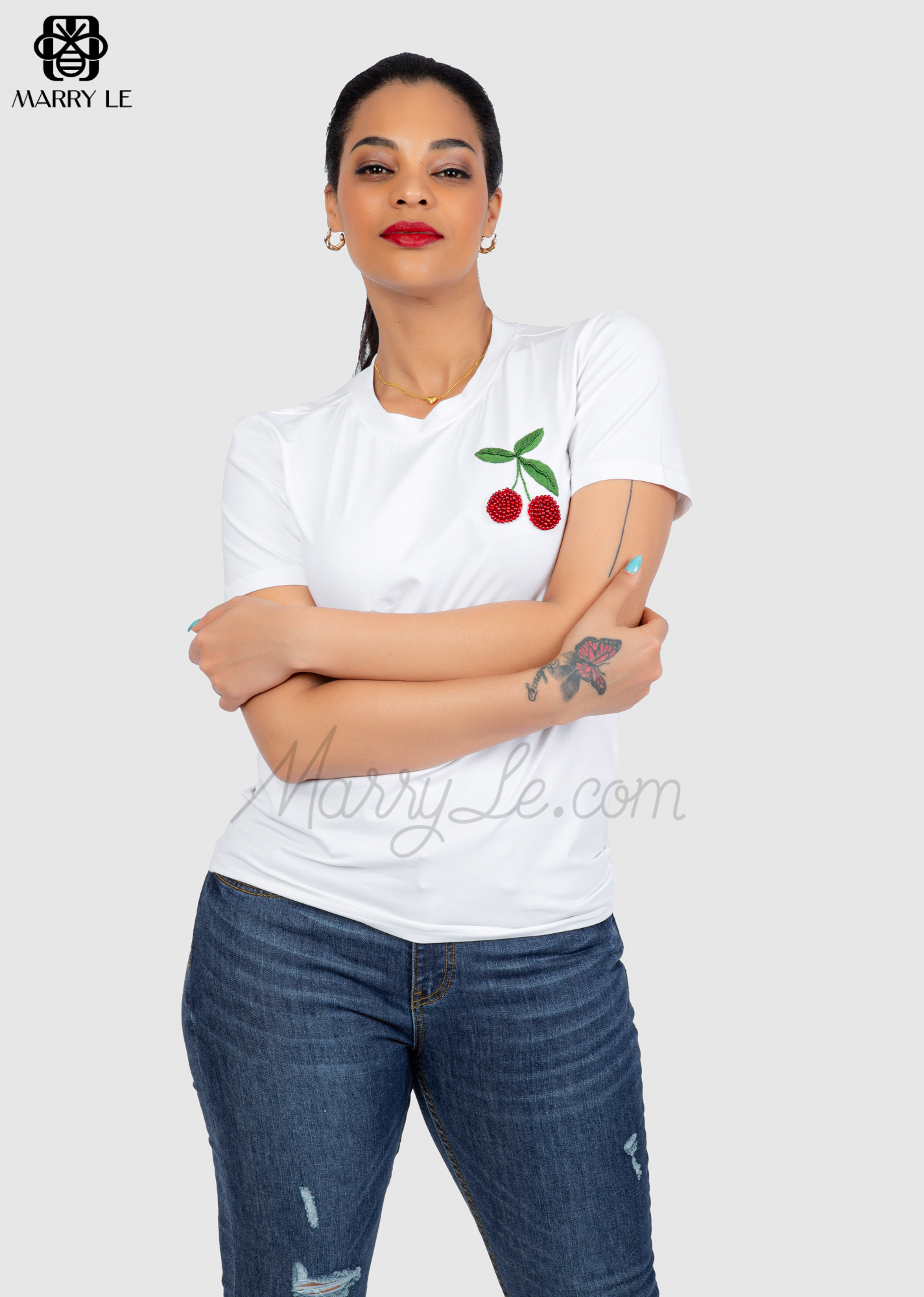 CHERRIES BEADS EMBROIDERED WHITE T-SHIRT - MD245