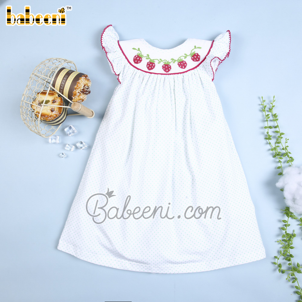 Cute smocked strawberry mint dotted baby dress – DR 3426