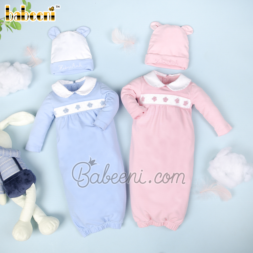 Flower hand smocked pink sleep suits for twins – GS 05