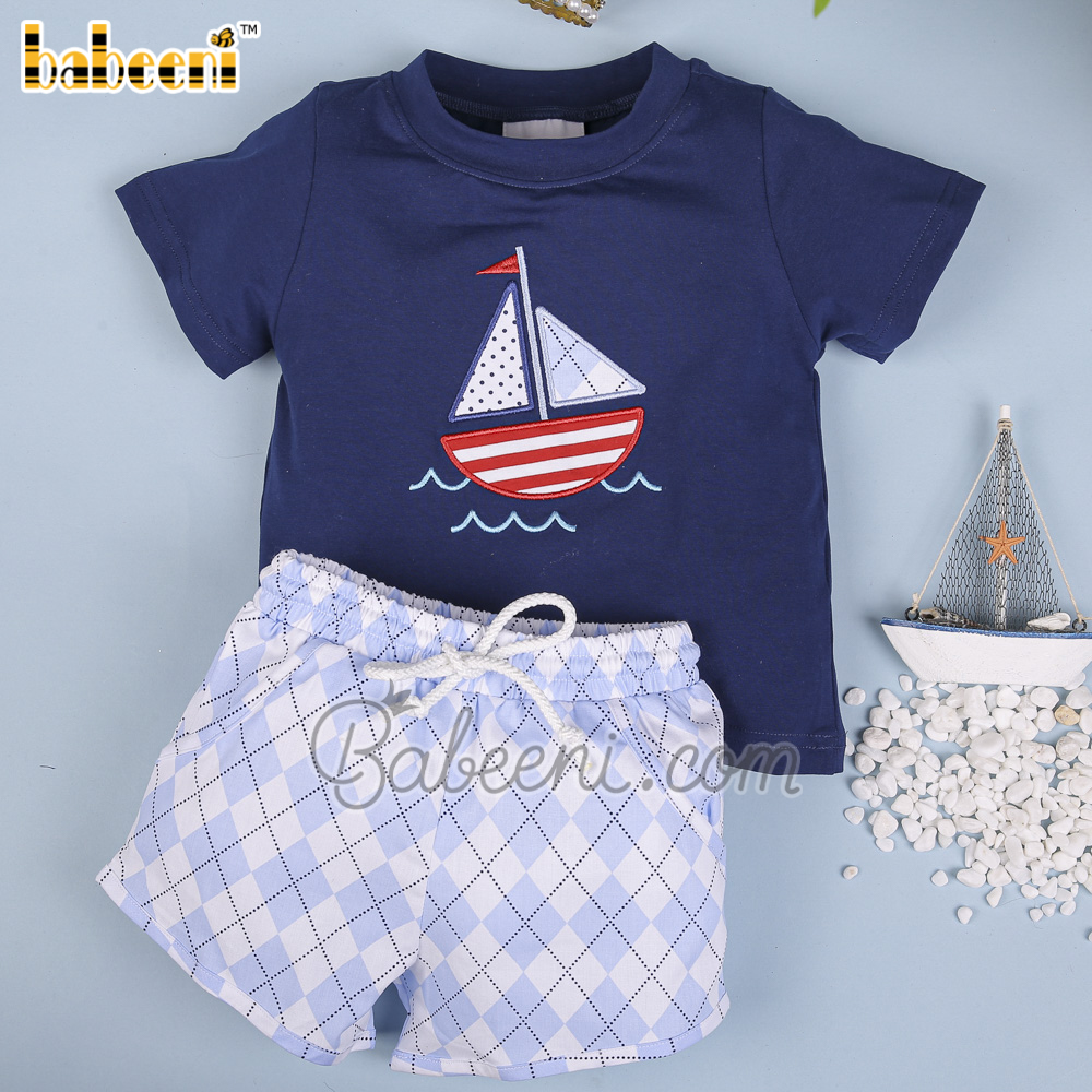 Nice boat applique boy set clothing – BC 1017