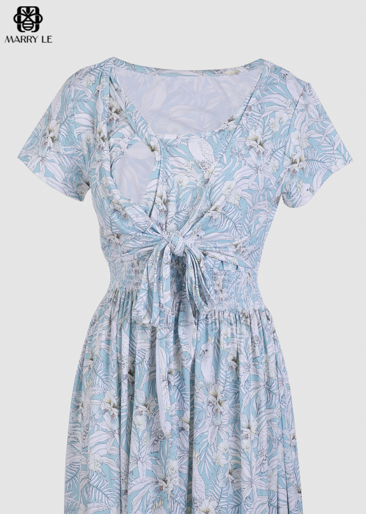 SHIRRED NURSING DRESS - TROPICAL LEAVE AND PARROT PRINT - MD445