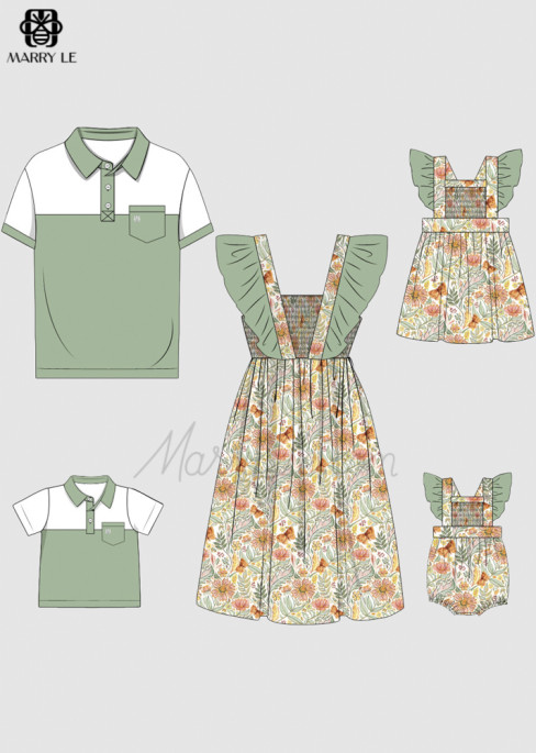 FAMILY MATCHING FLORAL SHIRRED DRESS AND COLORBLOCK POLO SHIRTS SET - MD449