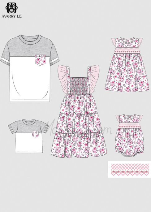 FAMILY MATCHING PINK FLORAL SHIRRED TIERED DRESS AND COLORBLOCK TSHIRTS SET - MD452