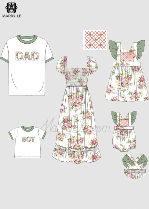 FAMILY MATCHING FLORAL SHIRRED MIDI DRESS AND APPLIQUE TSHIRTS SET - MD454