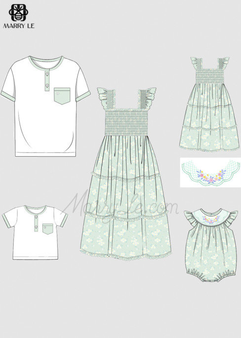 FAMILY MATCHING MINT FLORAL SHIRRED TIERED MIDI DRESS AND TSHIRTS SET - MD457