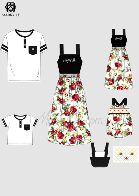 FAMILY MATCHING SPLICE SHIRRED FLORAL DRESS AND TSHIRTS SET - MD458