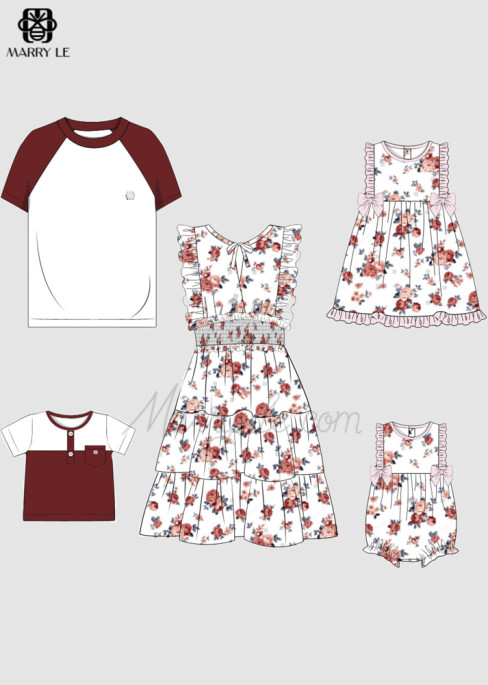 FAMILY MATCHING VINTAGE SHIRRED TIERED DRESS AND COLORBLOCK TSHIRTS SET - MD462