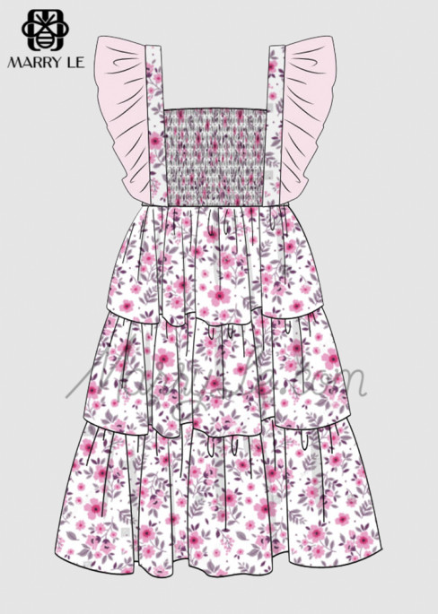 PINK FLORAL SHIRRED TIERED DRESS - MD473