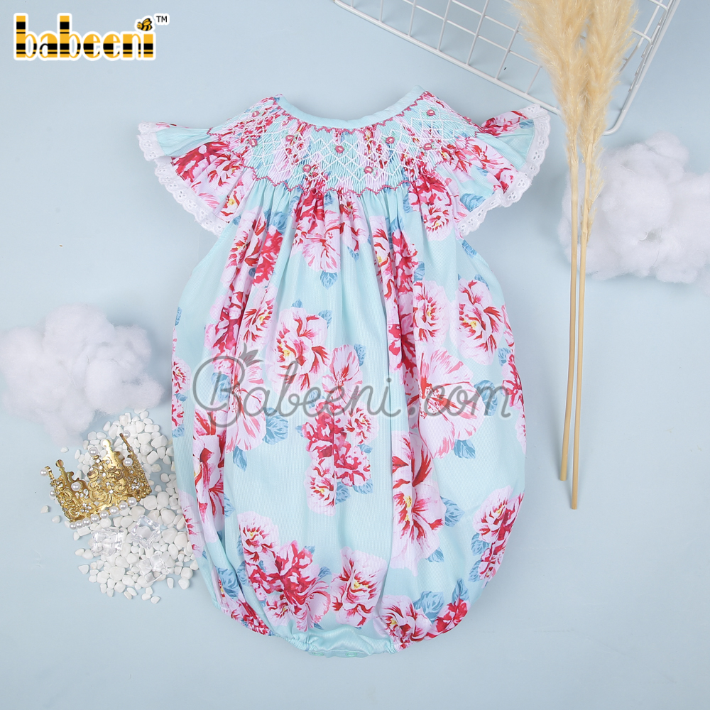Smocked flowery geometric  pink Peony girl  bubble - DR 3048A
