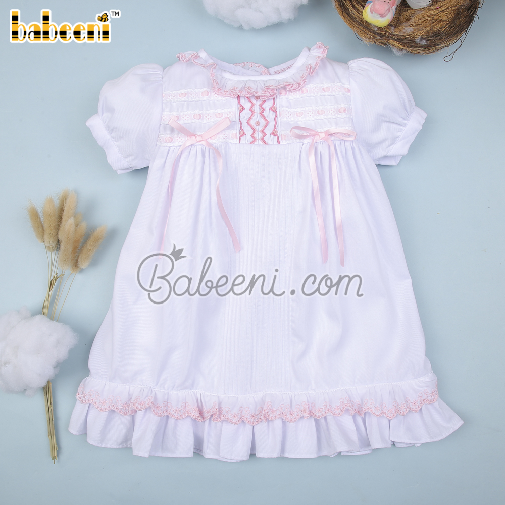 Pure little girls pintuck ribbon bow white dress– DR 3502