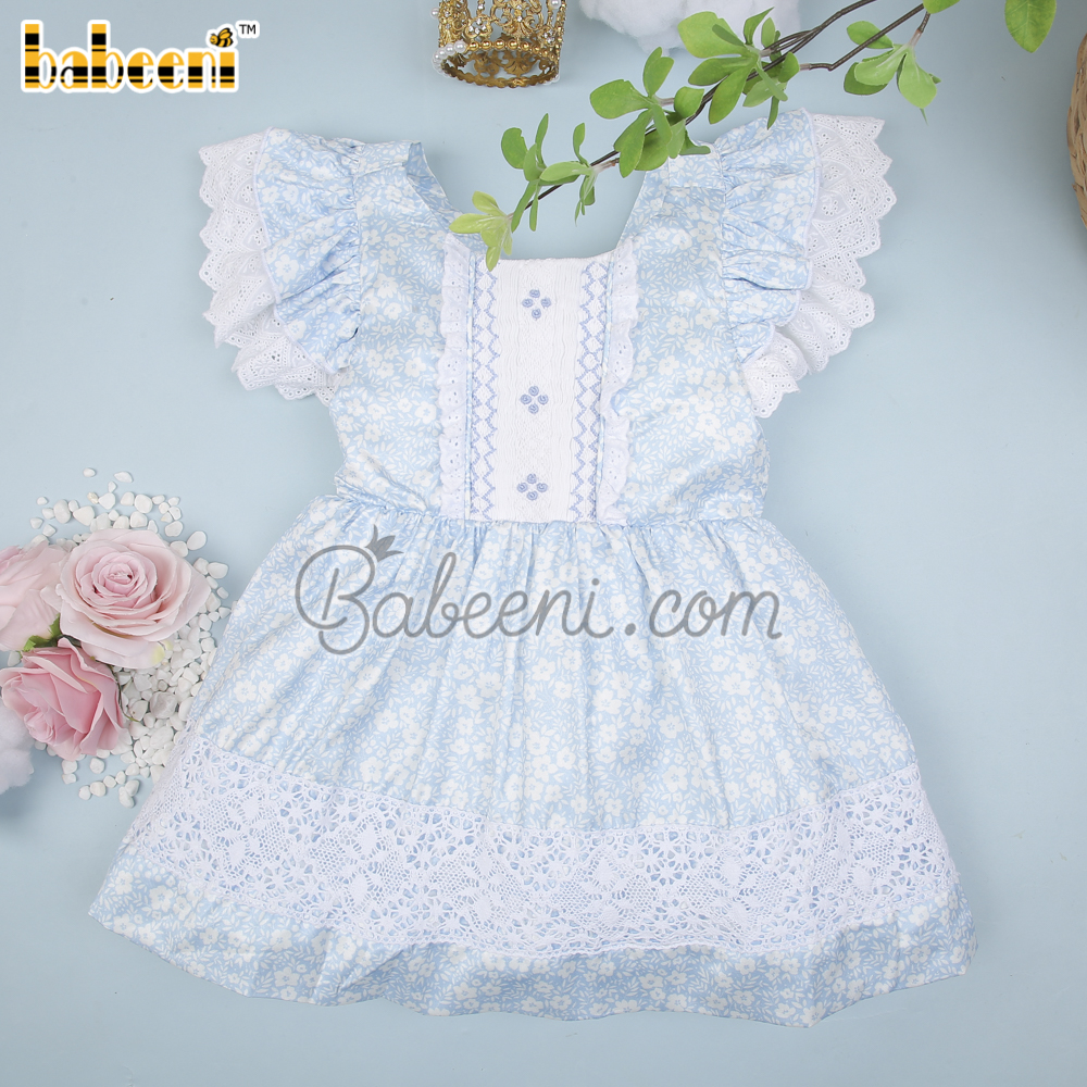 Stunning little girls blue floral satin smocked dress - DR 3245