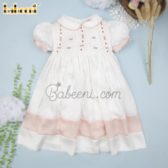 Beautiful little girls white satin floral smocked dress - DR 3231A