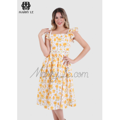 YELLOW FLOWER PRINTED WOMEN DRESS WITH FLORAL EMBROIDERY – MD564