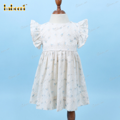 Plain Dress In White With Light Blue Floral For Girl - DR3551