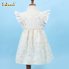 Plain Dress In White With Little Yellow Floral For Girl - DR3556