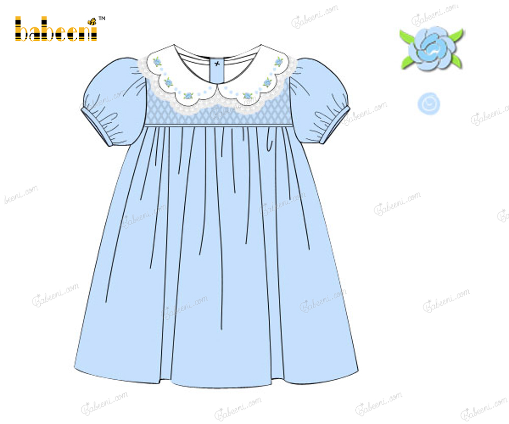 Honeycomb Smocking Dress In Blue And Blue Flowers For Girl - DR3561