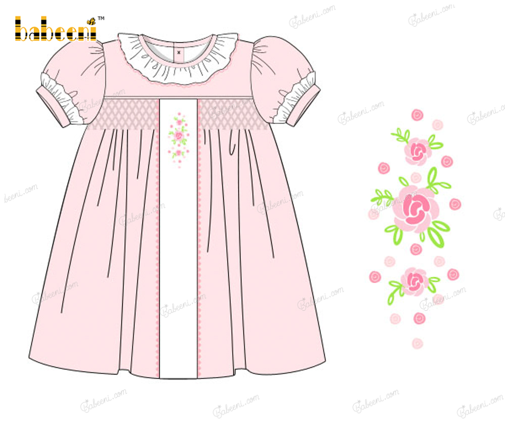 Honeycomb Smocking Dress In Pink Flower Middle For Girl - DR3565