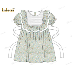 Honeycomb Smocking Dress In Green Floral For Girl - DR3571