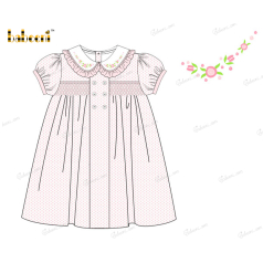 Honeycomb Smocking Dress Pink White Neck Flower Embroidery For Girl - DR3557