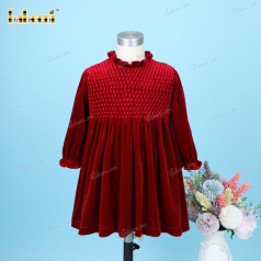 Honeycomb Smocking Dress Red Long Sleeve Small Shoulder For Girl - DR3594
