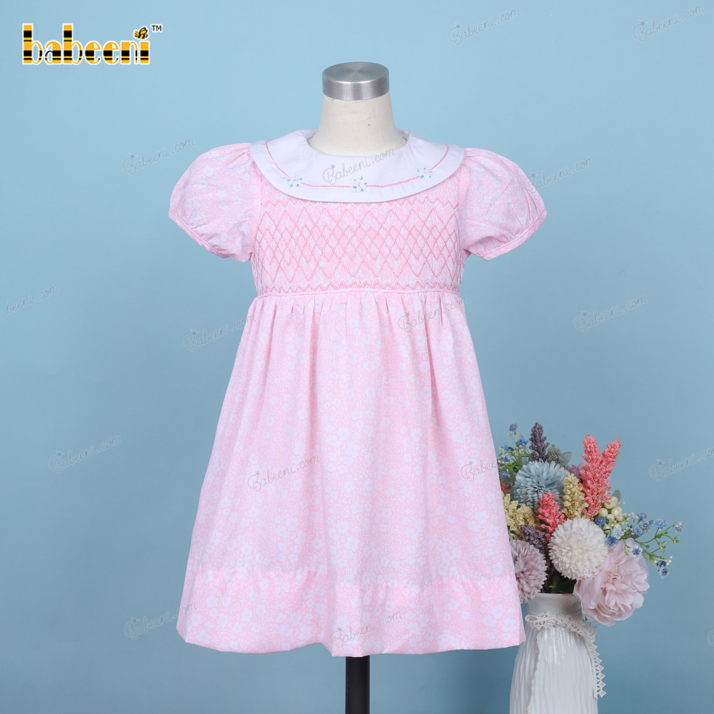 Geometric Smocked Bleted Dress Pink White Neck Embroidery For Girl - DR3657