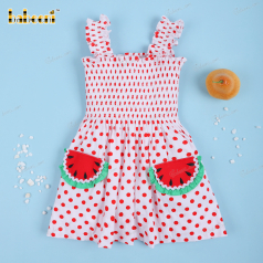 Shirred Watermelon Red Dots On White For Girl - DR3646