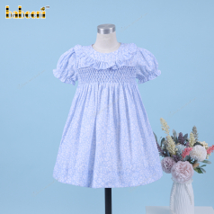 Honeycomb Smocking Dress Blue With White Floral For Girl - DR3573