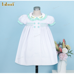 Honeycomb Smocking Dress Mint Green Dots On White For Girl - DR3690
