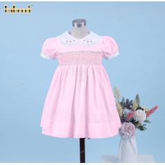 Honeycomb Smocked Dress Light Pink Little Flower Neck For Girl - DR3693