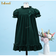 Honeycomb Smocked Dress Dark Green Velvet And Bow For Girl - DR3694
