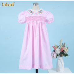 Honeycomb Smocked Dress Pink With Flower Garden Around Neck For Girl - DR3696