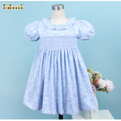 Honeycomb Smocked Belted Dress White Floral On Blue For Girl - DR3700