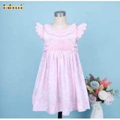Honeycomb Smocked Pink Belted Dress Fish Bone Embroidery For Girl - DR3701