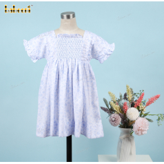 Honeycomb Smocked Dress White Floral On Blue For Girl - DR3702