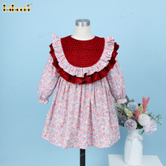Honeycomb Smocked Dress Floral And Red Velvet For Girl - DR3703